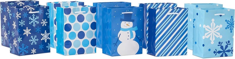 Hallmark Image Arts 5" Small Gift Bags Bulk (10 Blue and White Bags, Snowflakes, Stripes, Snowmen, Polka Dots) for Kids, Coworkers, Gift Cards, Party Favors - Image 1